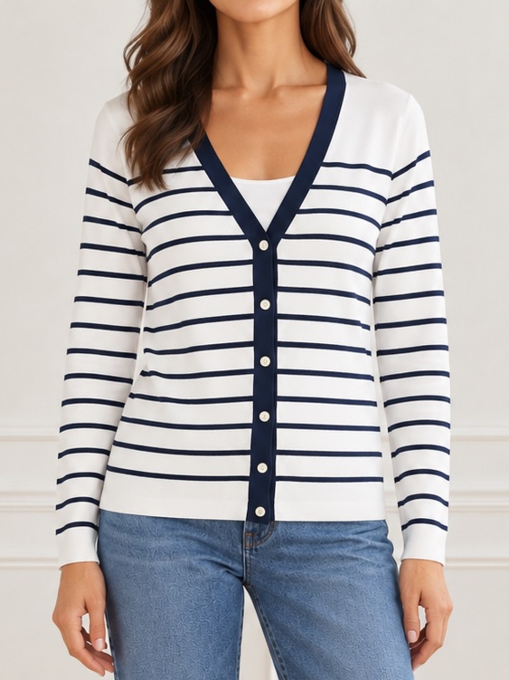 J. McLaughlin Frankie Cardigan Large Navy White Stripe Cotton Cashmere Sweater